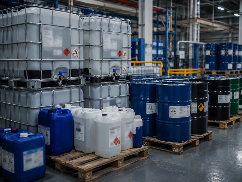 Químicos industriales almacenados en planta